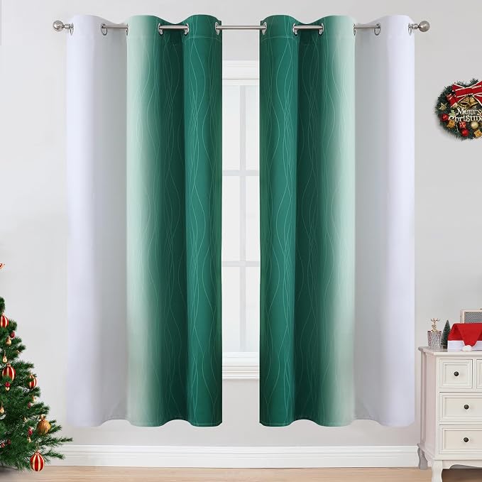 Green and Greyish White Blackout Curtains 42Wx72L 2 Panels | Ombre Curtains - Image 2