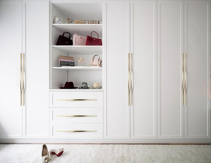 Goo-Ki Low Profile Brushed Brass Cabinet Pulls, Double Hole Centers (17.6''/18.9'') Zinc Alloy Handle for Drawer Cupboard Wardrobe,6 Packed