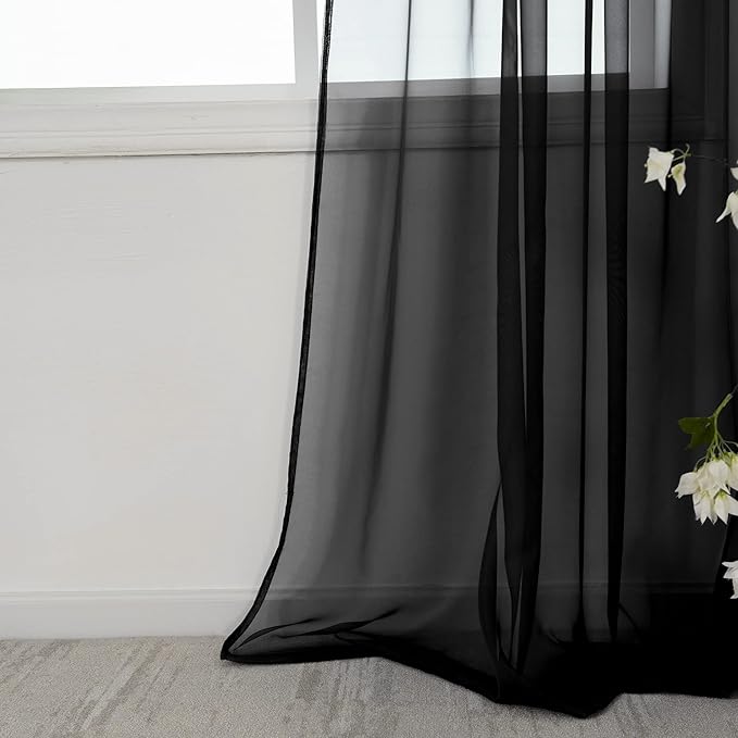 HUTO Black Sheer Curtains 84 Inches Long for Living Room Rod Pocket Voile Window Drapes for Bedroom,2 Panels