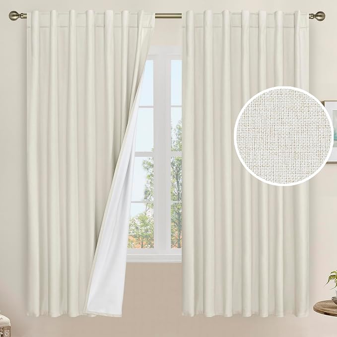 Natural 100% Blackout Linen Curtains 63 Inches by LAMIT