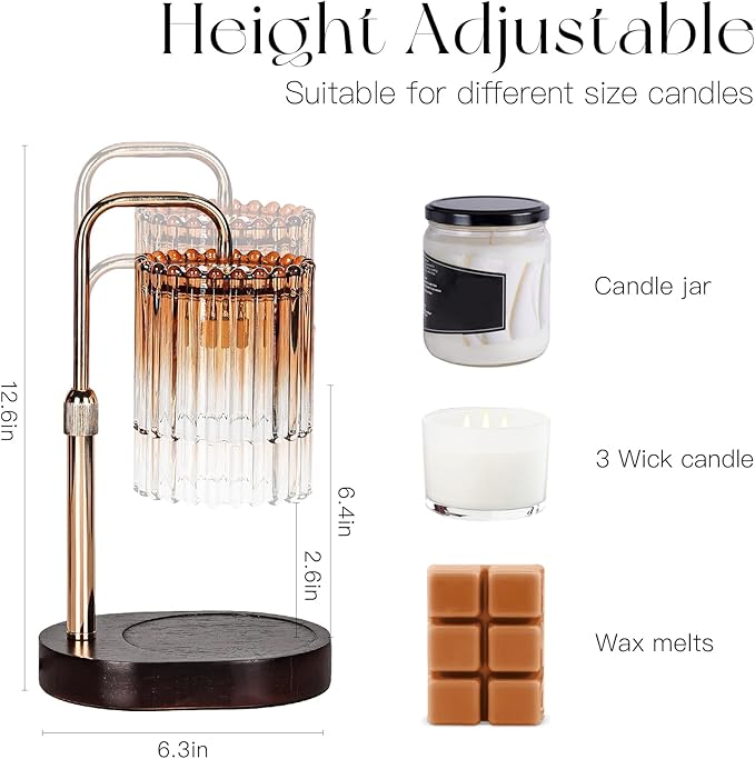 Candle Warmer Lamp with Timer: Amber Candle Warming Lamp with 2 Bulbs Height Adjustable Wax Melt Dimmable Bedroom Decor Christmas Gift for Women
