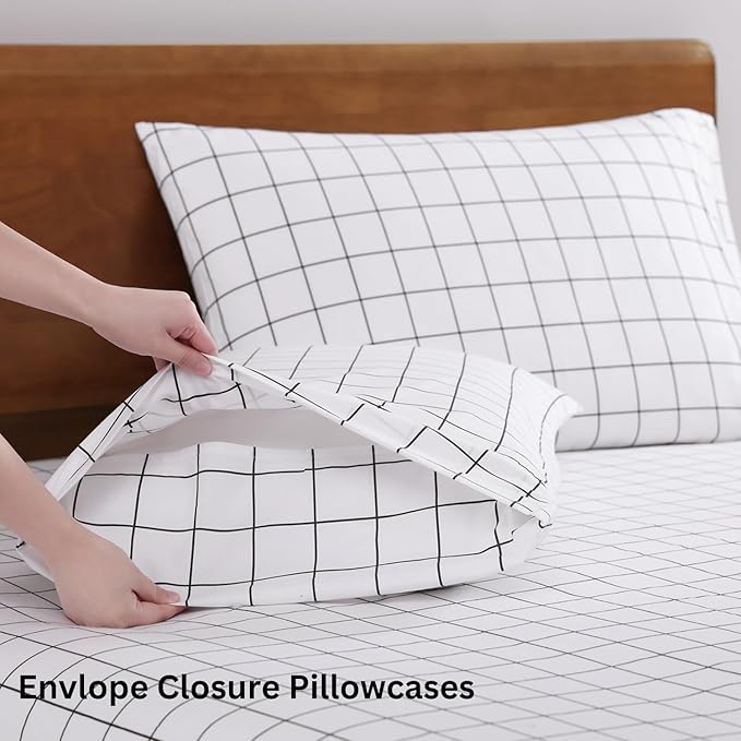 LANE LINEN 100% Organic Cotton Sheets RV Queen, 4-Piece Bed Sheets Short Queen Size Cotton, Luxury Sheets, Percale Weave,Breathable Bed Sheets RV Queen Size Deep Pockets Fits Upto 15" - Windowpane