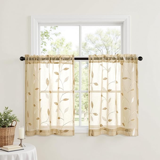 MIULEE Beige Sheer Curtains 2 Panels Embroidered Leaf Patterned, W30 x L24 | - Image 2