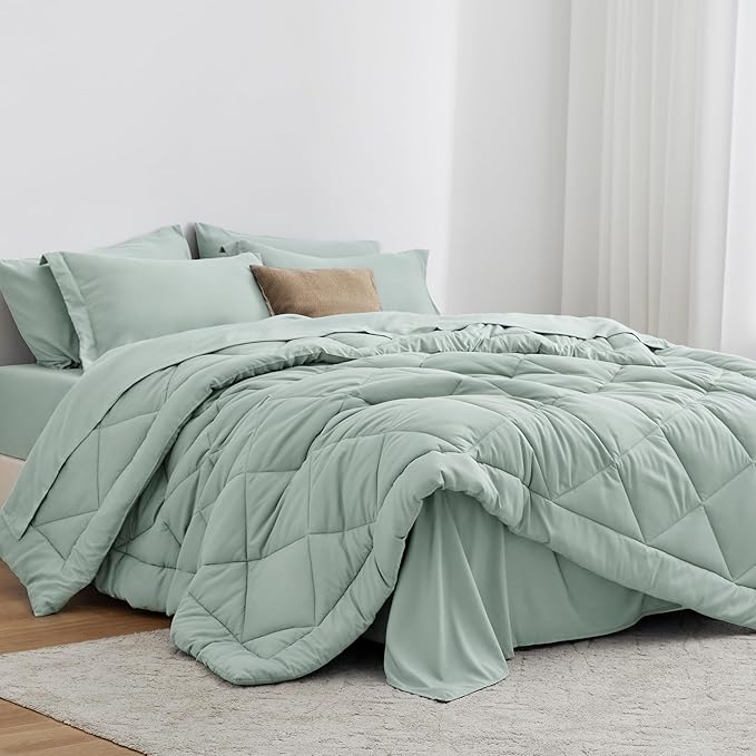 Love's cabin King Size Comforter Set Aqua, 7 Pieces King Bed in a Bag, All Season Bedding Sets with 1 Comforter, 1 Flat Sheet, 1 Fitted Sheet, 2 Pillowcase and 2 Pillow Sham
