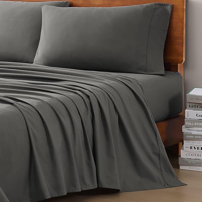 LANE LINEN 100% Organic Cotton Sheets King Size Machine Washable Fully Elasticized Soft & Comfy Mercerized Sustainably Produced All Season Eco Friendly Cotton Sheets sábanas King- Charcoal
