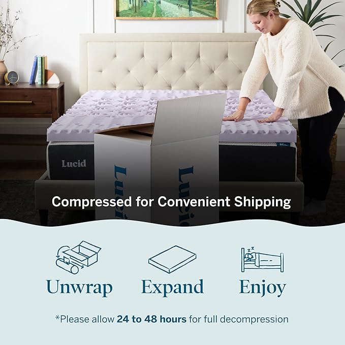 LUCID Lavender Infused 3 Inch Memory Foam Mattress Topper with 5 Zones – King Size – Plush Feel – CertiPUR Certified – Dorm Room Essentials