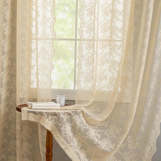 YJ YANJUN Vintage Lace Curtains 90 Inches Long-Victorian Floral Beige Sheer - Image 5