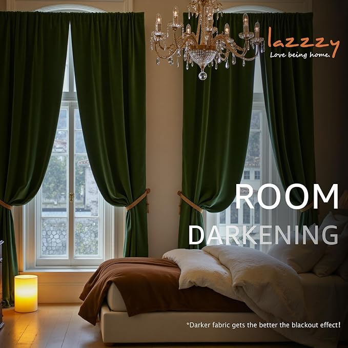 Lazzzy Velvet Blackout Curtains Thermal Insulated Room Window Drapes Super Soft Luxury Curtains for Living Room Bedroom Rod Pocket 2 Panels, Moss, 52" W x 102" L