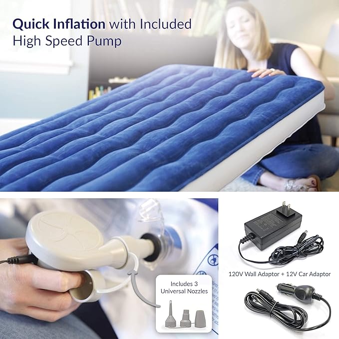 EnerPlex Kids Inflatable Travel Bed with High Speed Pump, Portable Blow up Toddler Air Mattress with Sides – Built-in Safety Bumper - Blue