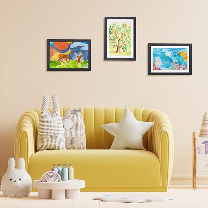 KINLINK A4 Kids Art Frames Set of 2, Solid Wood Kids Artwork Frames Changeable with Acrylic Front Opening Holds 150 Pictures 8.3x11.7, Art Frame for Kids Artwork with Mat or without Mat, Black Wood