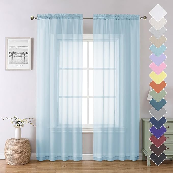 Light Blue Sheer Curtains 84 Inches Long 2 Panels, Light Filtering Solid Voile by Lecloud