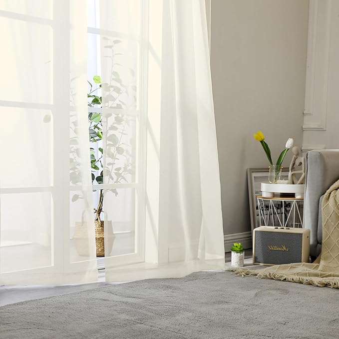 Cream Sheer Curtains 68 Inch Length 2 Pcs, Light Filtering Bedroom Curtains - Image 8