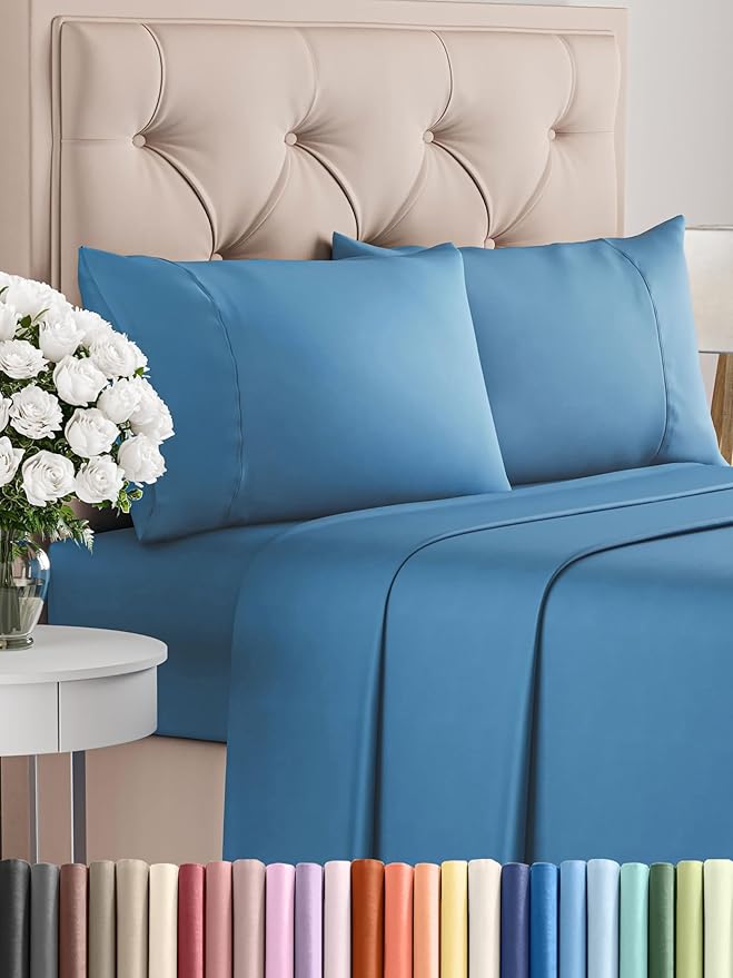 Twin 4 Piece Sheet Set - Comfy Breathable & Cooling - Ultra-Soft Hotel Luxury Bedding Set with 8-16 Inch Deep Pockets - 1 Flat & 1 Fitted Sheet & 2 Pillowcases - Wrinkle Free & Easy Care - Denim Blue