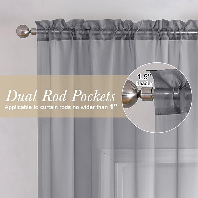 Charcoal Grey Sheer Curtains 90 Inches Long 2 Panels Set, Dual Rod Pocket - Image 6