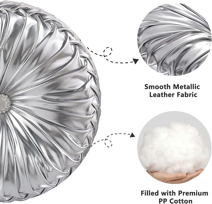 HIG Set of 2 Silver Metallic Leather Decorative Round Pleated Throw Pillows | - Image 3