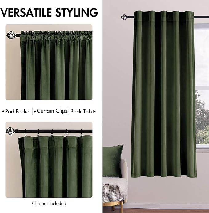 MIULEE Velvet Curtains 52x63 inches 2 Panels Olive Green Blackout Curtains | - Image 2