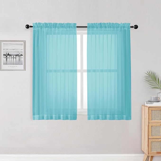 Aqua Kitchen Sheer Curtains for Bedroom Living Room 45 Inch Length, Soft Solid by OWENIE