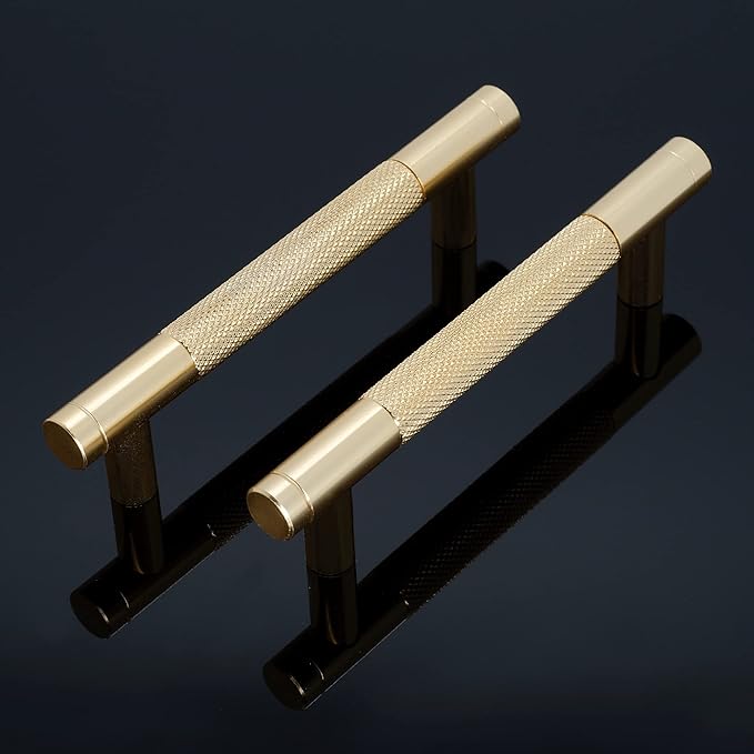Knurled Cabinet Pulls 2 Pack, 5 Inch Long Cabinet Handles Metal Door Pulls, Kitchen Drawer Pull Knurled Dresser Handles - 3 3/4" Hole to Hole, Golden