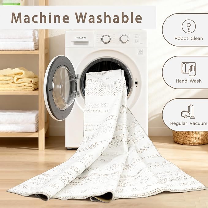 8x10 Washable Area Rugs for Living Room, Dining Room- Morocco White | Boho - Image 4