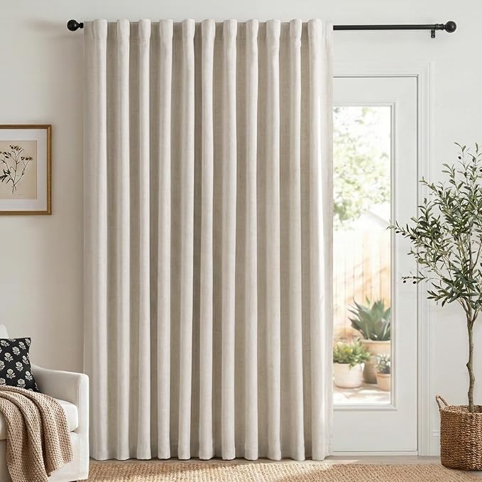 Linen Textured Total Blackout Sliding Door Curtains 90 Inches Long, Cream | by 100BlackoutShield