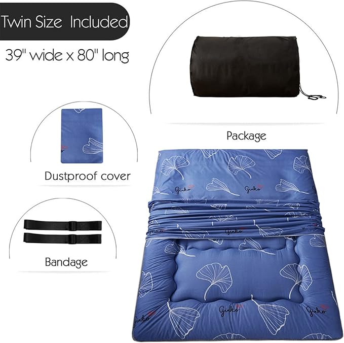 MAXYOYO Leaf Printed Japanese Futon Floor Mattress, Thicken Sleeping Pad Floor Bed Roll Up Camping Guest Mattress Folding Couch Bed, Twin Size