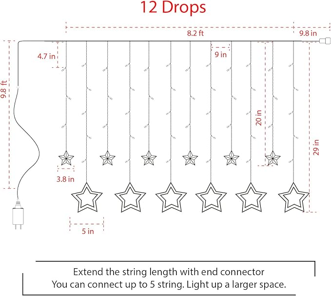 Star Curtain Lights for Bedroom - Plug-in 9ft 138 LED Fairy Twinkle Lights with 12 Star Drops, Connectable Window Lights with Remote 8 Lighting Modes for Indoor Xmas Ramadan Decoration, Warm White