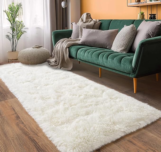 Pionblank Fluffy Runner Rugs for Bedroom 2x6, Cream White | Modern Shaggy Area - Image 4