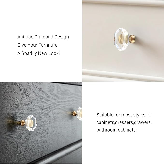 12-Pack Brass Base Crystal Drawer Knobs,Glass Crystal Gold Cabinet Knobs,1-5/16-Inch Hexagon,Kitchen Hardware Pulls, Modern Bathroom Hardware knob