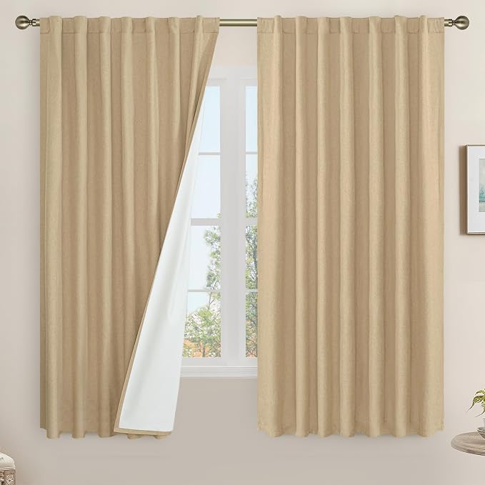 100% Blackout Linen Curtains 63 Inches Long 2 Panels, 60 x 63 Inch | Thermal by LAMIT
