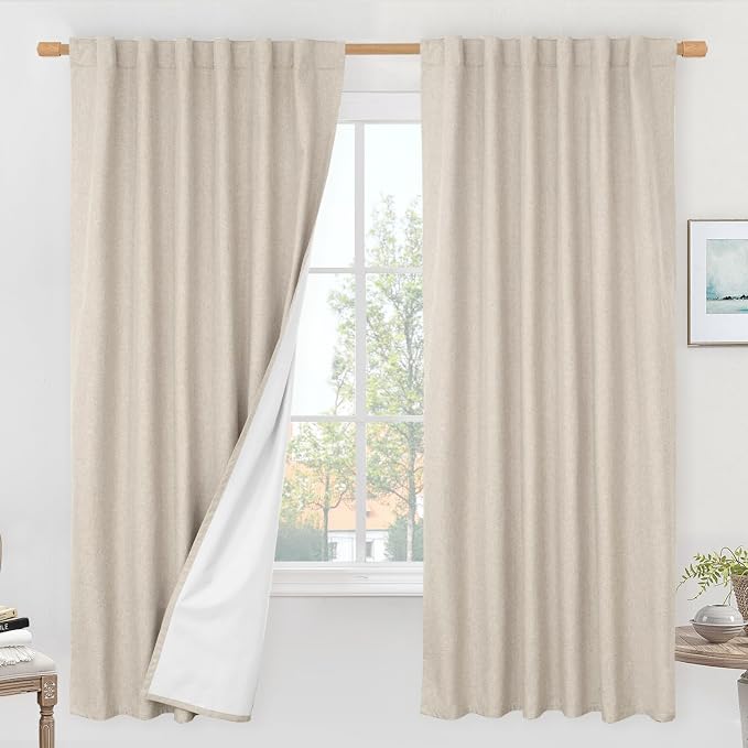 72 Inch 100% Blackout Natural Linen Curtains 2 Panels, 52 x 72 Inch | Linen by LAMIT