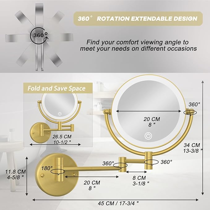 Gold Wall Mounted Makeup Mirror with Light and Magnification 10X, 2 Sided with 3 Color Led Dimmable, 360 Swivel Extension Shaving for Bathroom Hard Wired