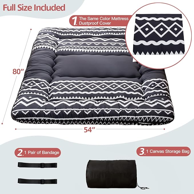 MAXYOYO Japanese Floor Futon Mattress - Thicken Sleeping Pad, Roll Up Floor Lounger Bed for Camping, Guest Room - Thick, Soft and Comfortable, Black Stripe, Full Size