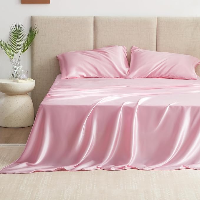 Love's cabin Satin King Sheet Sets - 4 Piece Pink Silky Sheets King Size Bed Set with Deep Pocket, Luxury Silk Feel King Size Satin Sheet Set (1 Flat Sheet,1 Fitted Sheet,2 Pillow Cases)