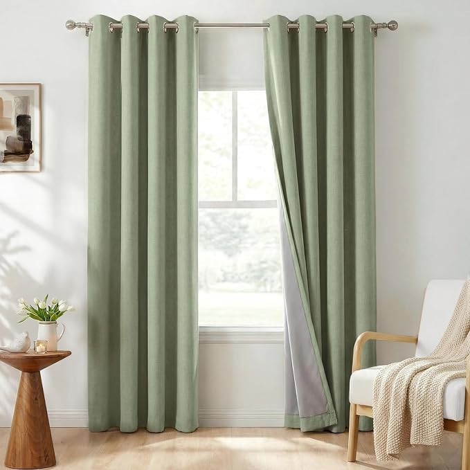 100% Blackout Linen Textured Curtains 80 Inch Long, Sage Green | 100% Blackout by 100BlackoutShield