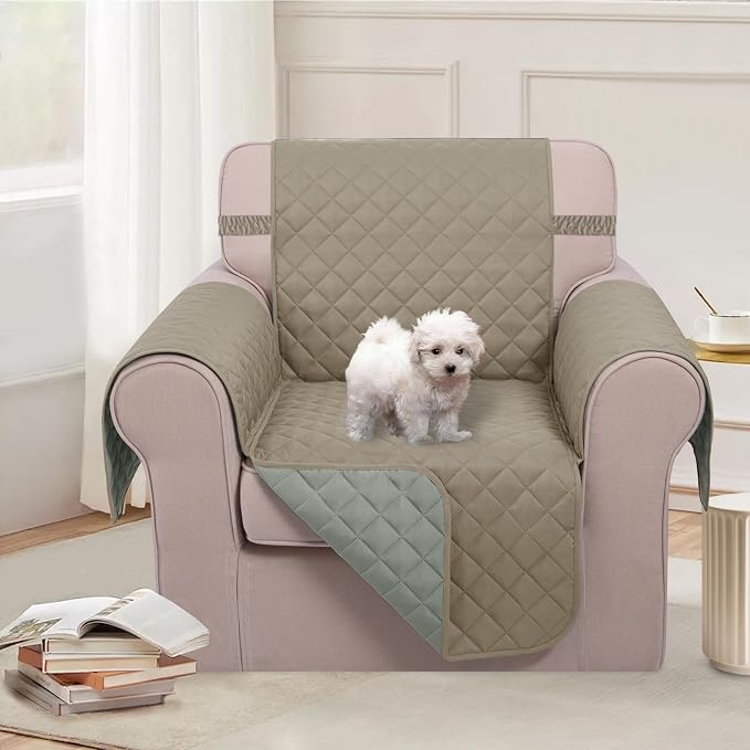U-NICE HOME Reversible Oversized 28''Chair Covers, Khaki/Light Grey | Armchair - Image 2
