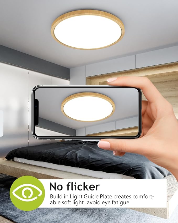 2PACK Flush Mount LED Ceiling Light Fixture Wooden, 12Inch 28Watt, Dimmable & 3000K-4500K-6000K 3 Color Selectable Ceiling Lamp 3200LM Low Profile Ceiling Light for Kitchen Bedroom Hallway Porch
