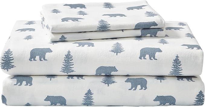 Eddie Bauer - Flannel Sheets King Size, Anti-Pilling & Wrinkle Resistant Cotton, Touchably Soft for All-Season Comfort - Bed Sheets with Matching Pillowcases & Fitted Sheet (Bears and Trees Blue)