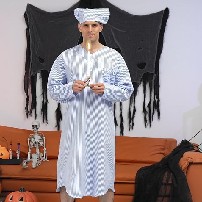 Toulite 4 Pcs Men's Pajama Set Includes Men's Nightshirt Night Sleeping Cap Candle Holder and Candle for Halloween Christmas(X-Large)