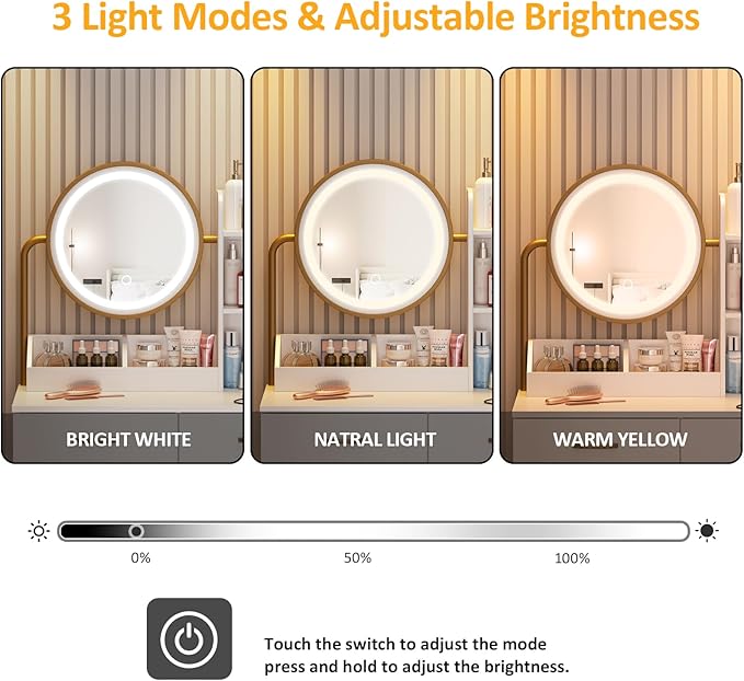 Makeup Vanity with Round Mirror and Lights, White Vanity Makeup Table with Charging Station, Small Vanity Table for Bedroom, 3 Lighting Modes, 31.5in(L)