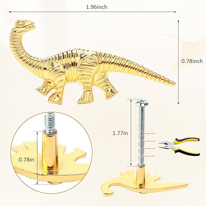 8 Pack Metal Dinosaur Knobs for Kids Furniture - Veggie Dino Theme Gold Finish Drawer Pulls & Cabinet Handles, Scratch-Resistant (Herbivore)