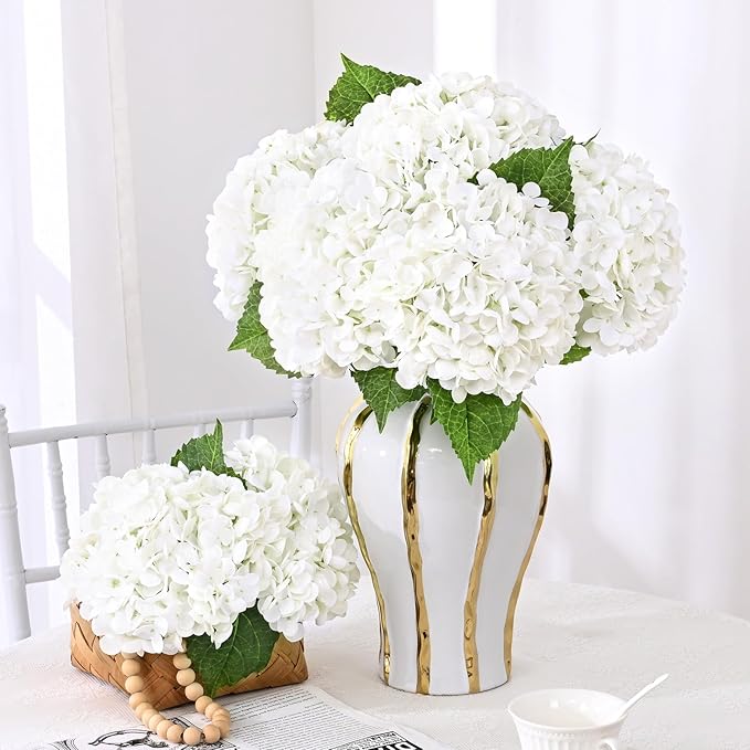 6 Pcs Real Touch Hydrangea Artificial Flowers, 21" White Full Faux Hydrangea Flowers Latex Fake Flowers for Home Decor Party Floral Arrangements Wedding Bouquets Centerpieces Outdoor Decor