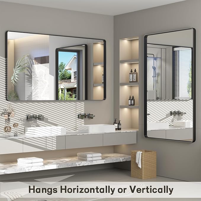 48x36 Inch Black Framed Bathroom Mirror for Wall, Matte Black Metal Wall Mirror, Black Rectangle Vanity Mirror, Tempered Glass, Anti-Rust, Hangs Vertically or Horizontally