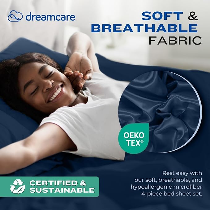 DREAMCARE Full Size Sheets – 4 pcs Cooling Sheets – up to 21” Deep Full Sheet Set – Hotel Luxury Sheets & Pillowcases – Superior Softness 100% Fine Microfiber with Side Pocket – Navy Blue