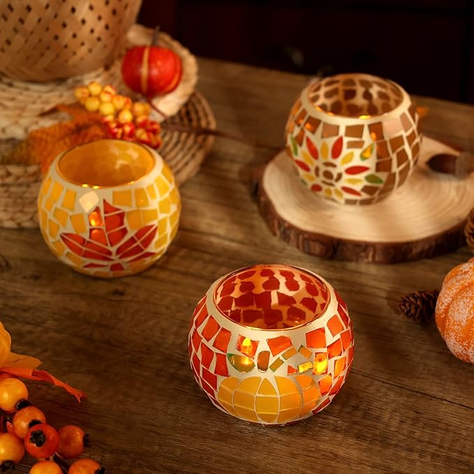 Nefelibata Fall Candle Holder Set of 3 Mosaic Maple Leave Sunflower Tealight Holder Pumpkin Glass Thanksgiving Votive Candle Holder Thanksgiving Party Dinner Table Centerpieces (No Candle Included)