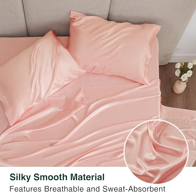 Love's cabin California King Satin Sheet Sets - 4 Piece Coral Silky Sheets Bed Set with Deep Pocket, Luxury Silk Feel Satin Cal King Sheet Set (1 Flat Sheet,1 Fitted Sheet,2 Pillow Cases)