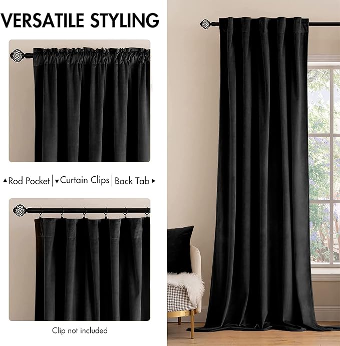 MIULEE Black Velvet Curtains 52x72 inches 2 Panels Luxury Blackout Curtains | - Image 2