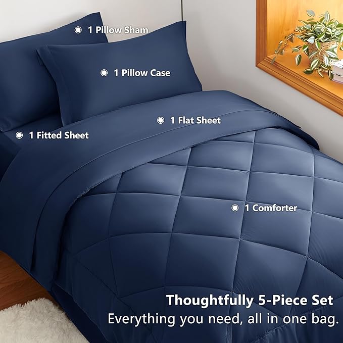 CozyLux Twin XL Comforter Set Navy Blue - 5 Pieces Twin Extra Long Bed in a Bag for College Dorm, All Season Bedding Set for Girls and Boys, Soft Bed Set with Comforter, Sheets, Pillowcase & Sham