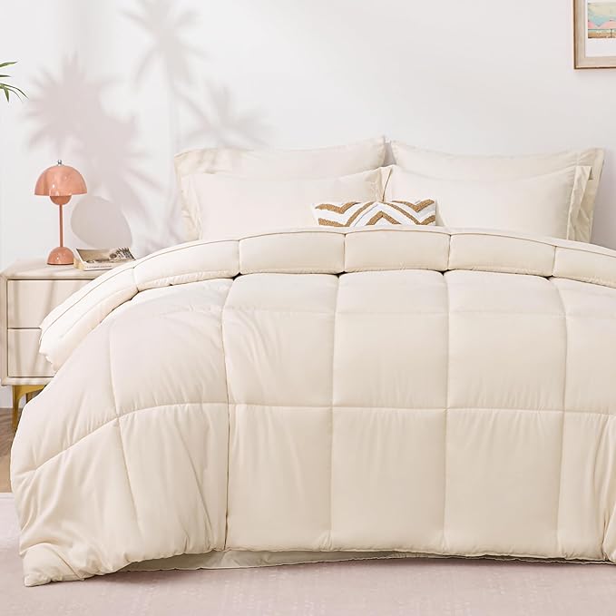 Love's cabin Queen Comforter Set Beige, 7 Pieces Queen Bed in a Bag, All Season Bedding Sets with 1 Comforter, 1 Flat Sheet, 1 Fitted Sheet, 2 Pillowcase and 2 Pillow Sham