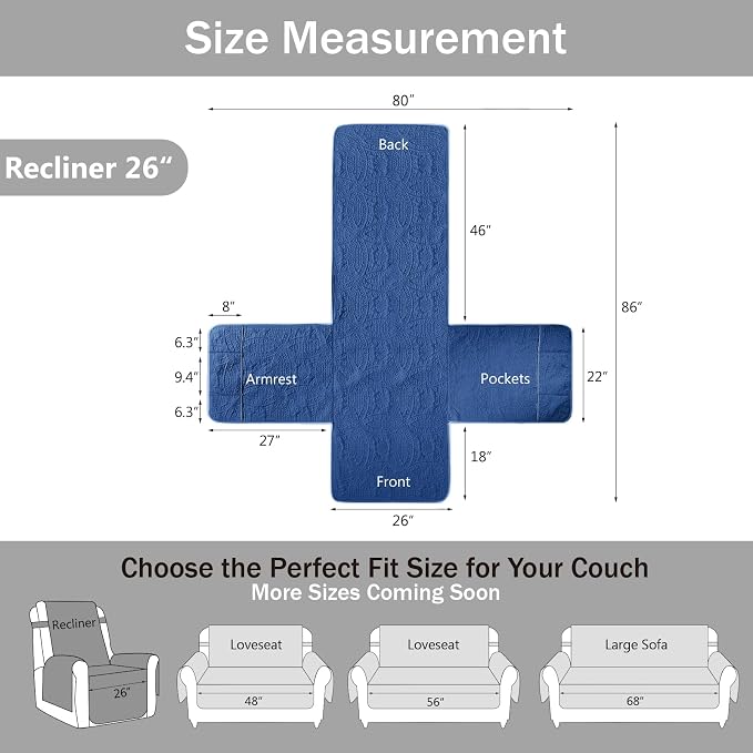 Blue Recliner TV Chair Covers, Quilted Décor Water-Repellent Medium Lazy Boy - Image 6