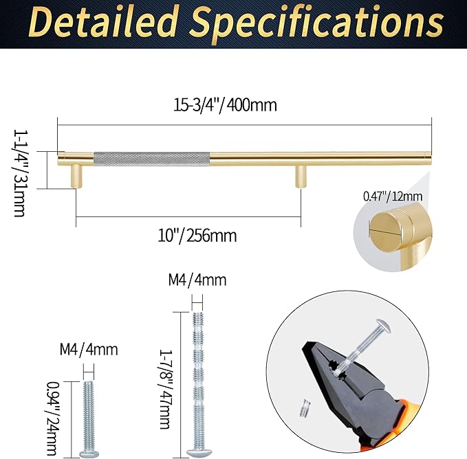 Knurled Cabinet Pulls 6 Pack, 16 Inch Long Cabinet Handles Metal Door Pulls, Kitchen Drawer Pull Knurled Dresser Handles - 10" Hole to Hole, Grey & Gold